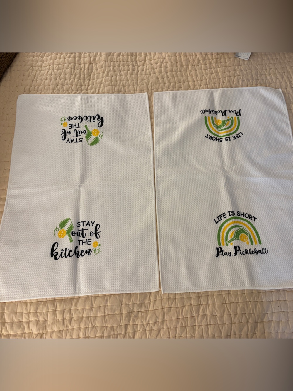 Set of 2 Pickleball Kitchen Towels - White with Green & Yellow Accents